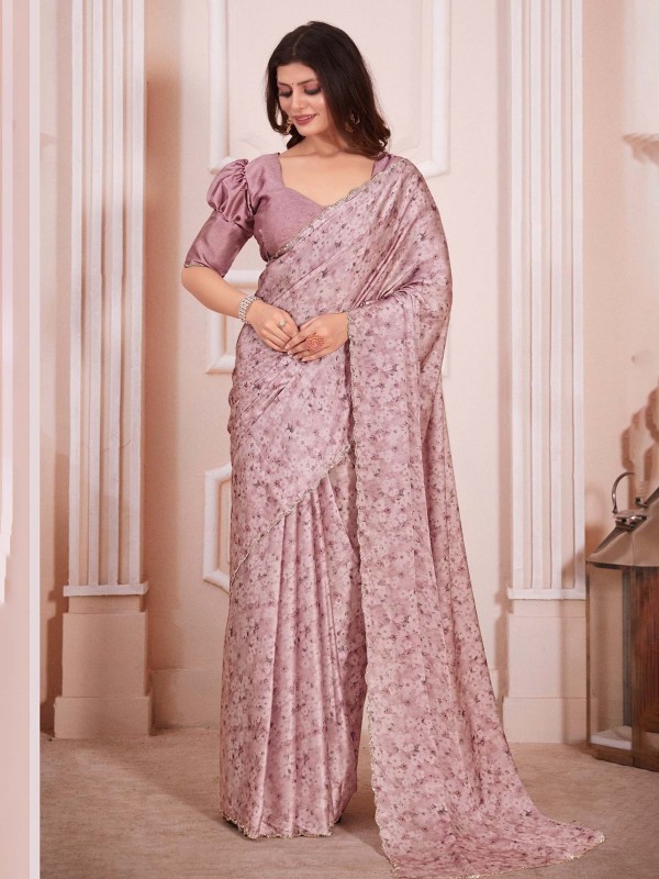 Onion Pink Pure Satin Georgette Digital Print Saree